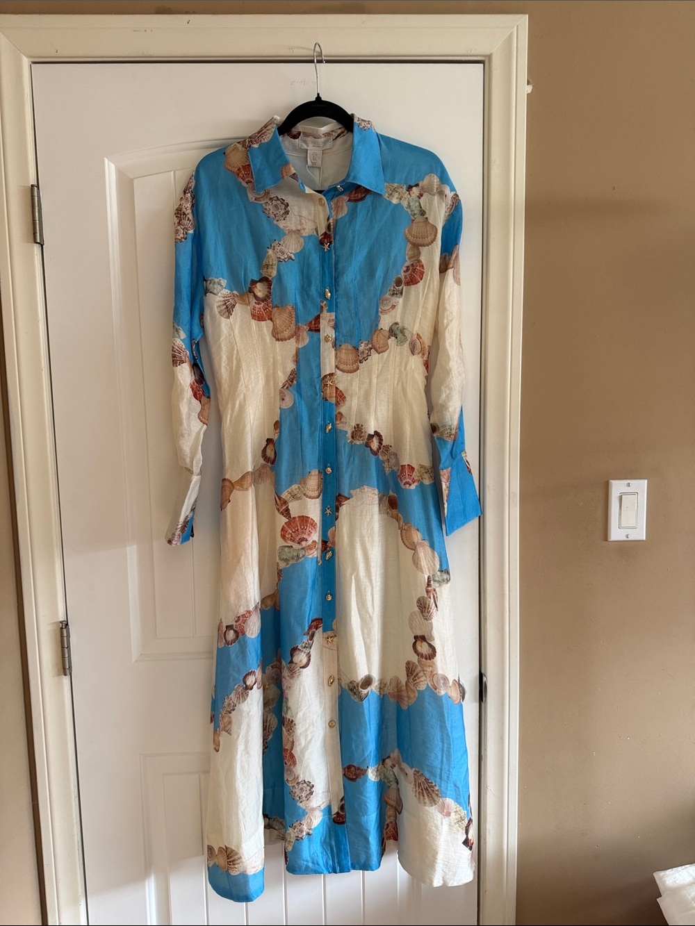 NWT Caroline Constas Long-Sleeve Blue and Cream Shell-Print Maxi Shirt Dress